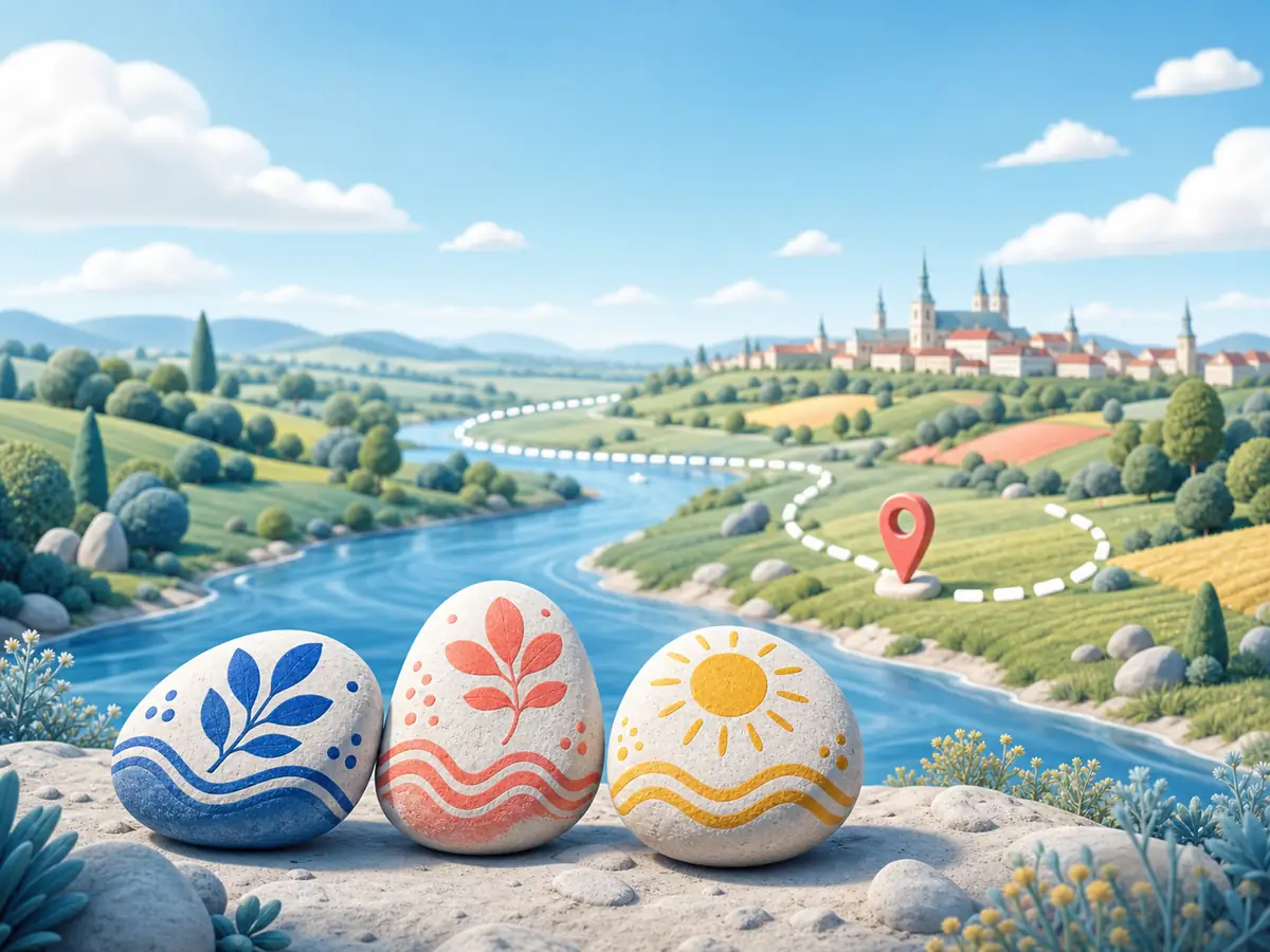 Colourful painted stones by a river
